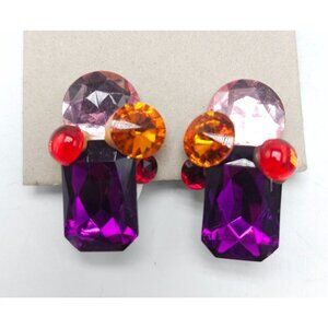 Vintage 1980s Acrylic Clip-On Earrings In Purple Pink Orange Red Geometric